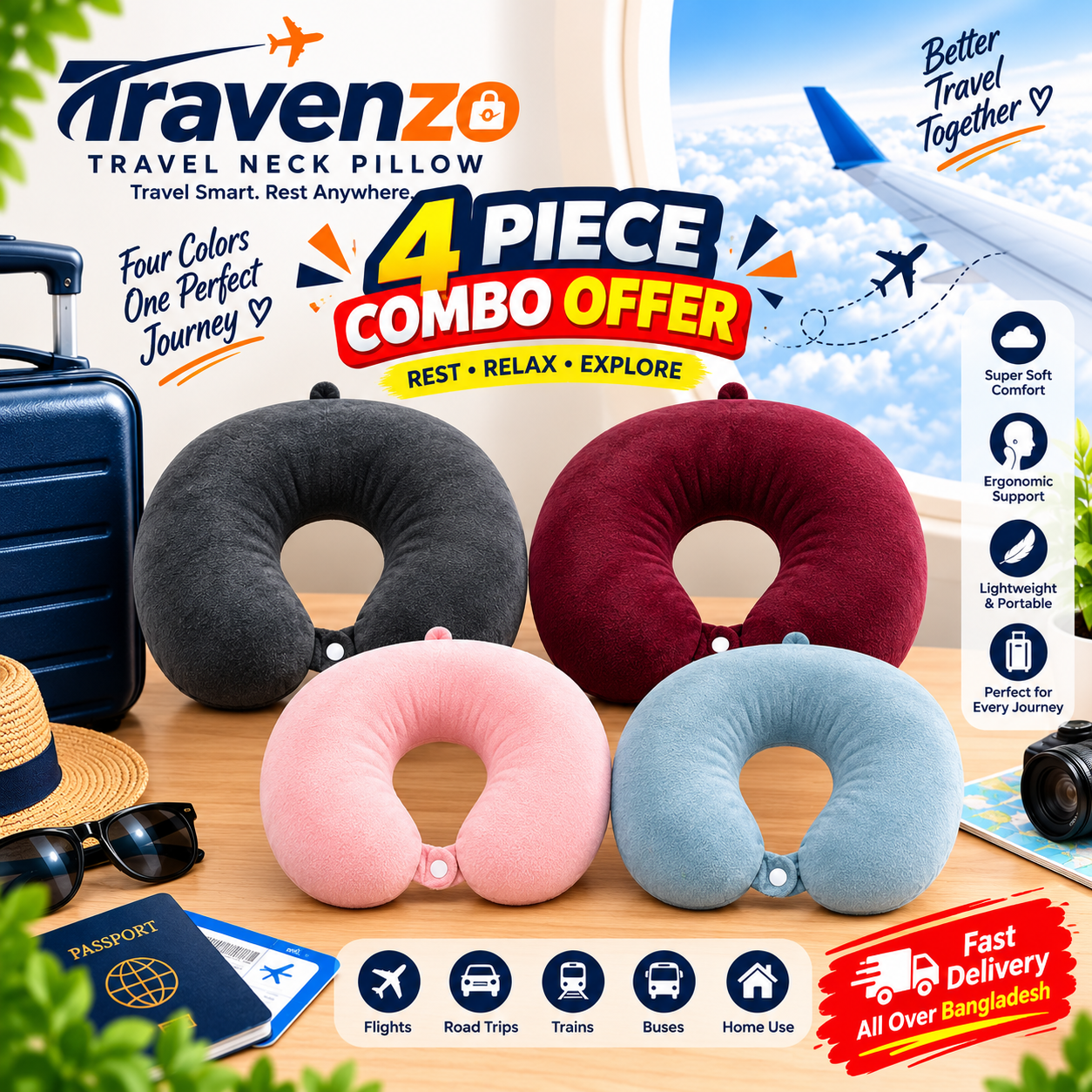 Solid Travelling nick pillow Combo 4 | Black| Maroon| Pink| Sky