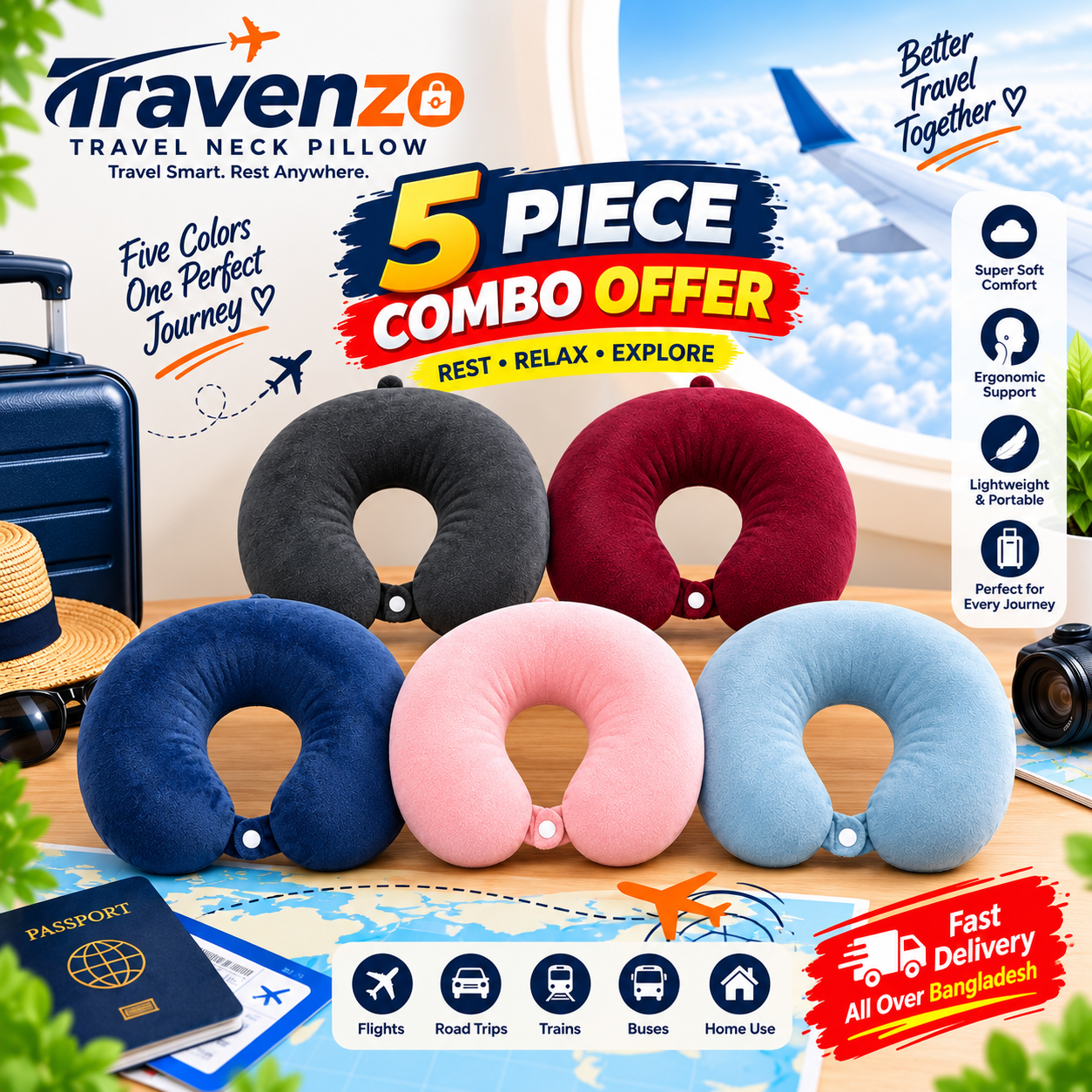 Solid Travelling nick pillow Combo 5 | Black| Maroon| Blue| Pink| Sky